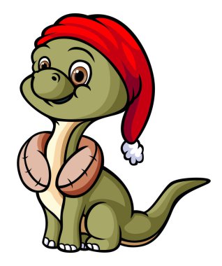 Brontosaurus Noel Baba şapkası ve resimli boyun yastığı takıyor.