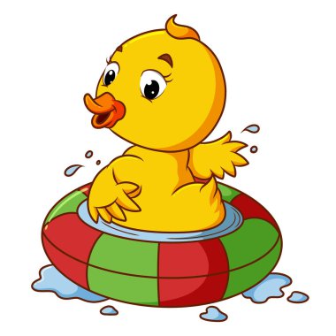 Ördek, illüstrasyon gölünün üzerinde lastikle yüzüyor.