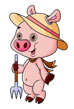 Çiftçi domuz illüstrasyon bitkisini biçmeye hazır.