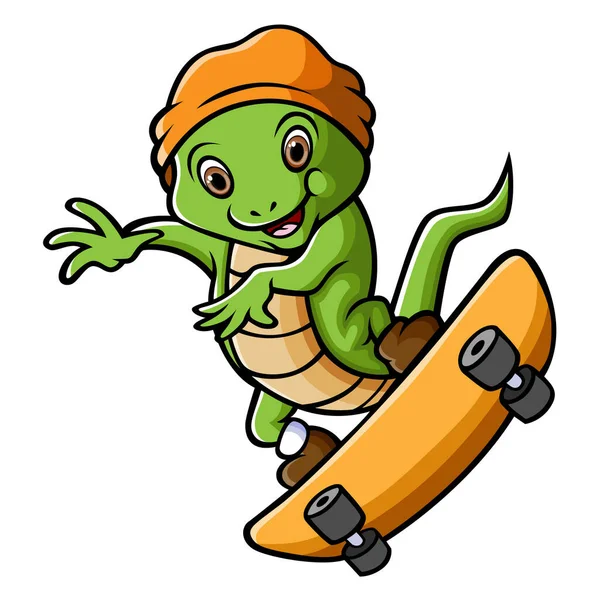 Iguane Joue Skate Board Fait Freestyle Illustration — Image vectorielle