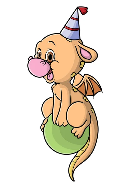 Cute Dragon Sitting Ball Using Birthday Hat Illustration — Stock Vector