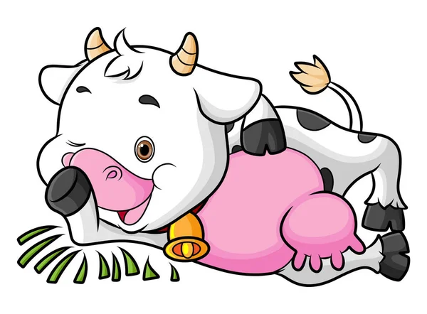 Vaca Gorda Feliz Está Acostada Sobre Hierba Ilustración — Vector de stock