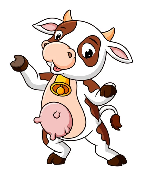 Vaca Con Campana Del Cuello Está Bailando Con Cara Feliz — Vector de stock