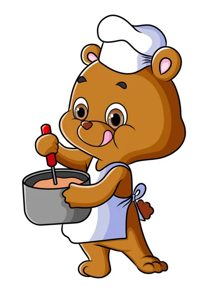 Chef Bear Cooking Mixing Porridge Illustration — Stock Vector