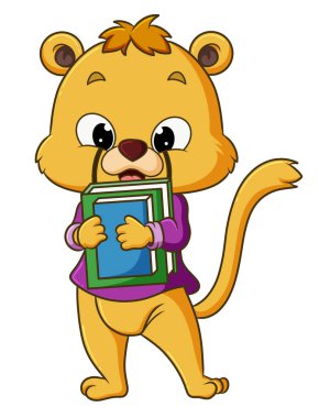The cute student lion is holding a lot of book with the happy face of illustration