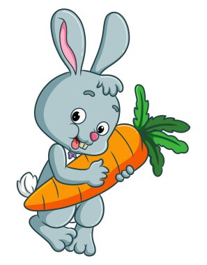 The rabbit is hugging the big carrot and going to eat it of illustration