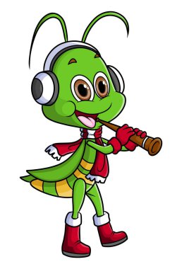 The grasshopper is playing trumpet while wearing headphone of illustration