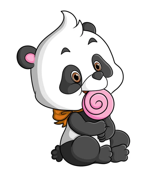Baby Panda Holding Eating Sweet Lollypop Illustration — Stockový vektor