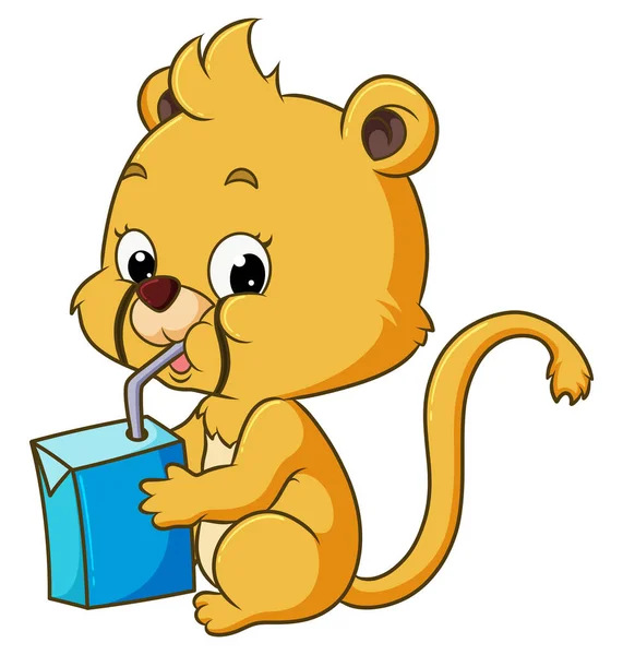 Baby Lion Sitting Drinking Box Milk Illustration — Stock vektor