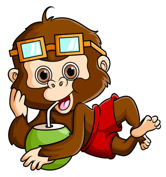 Happy Monkey Enjoying Coconut Drink Illustration — Stock vektor