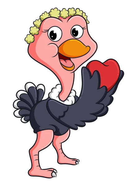 Cute Ostrich Holding Love Doll Using Crown Illustration — Stockvector