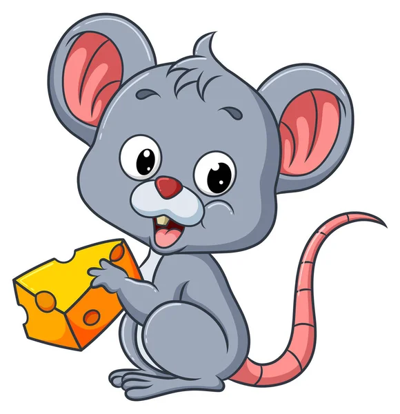Little Mouse Eating Cheese While Sitting Illustration — Vector de stock