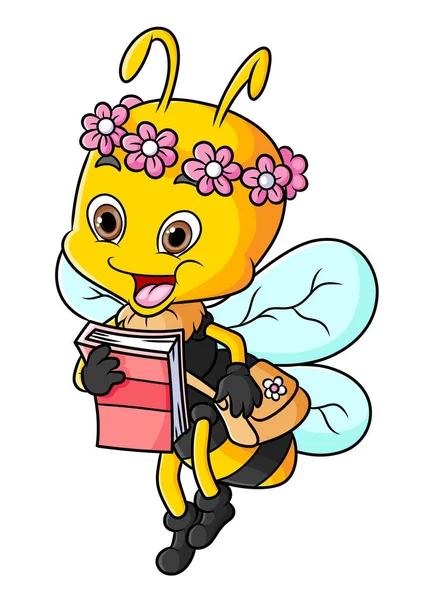 Female Bee Holding Book Carrying Bag Illustration — 스톡 벡터