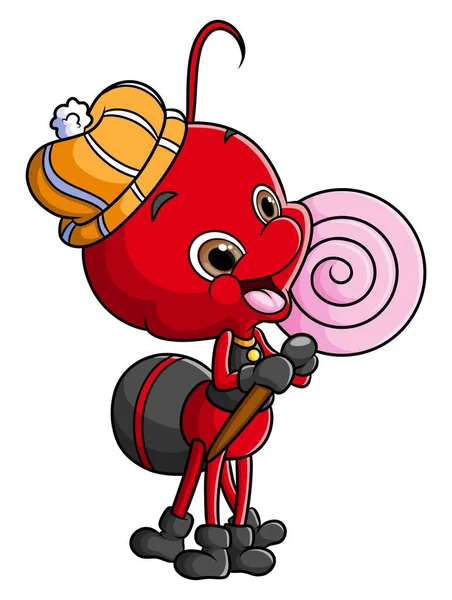 Little Ant Holding Big Candy Happy Illustration — Stockvector