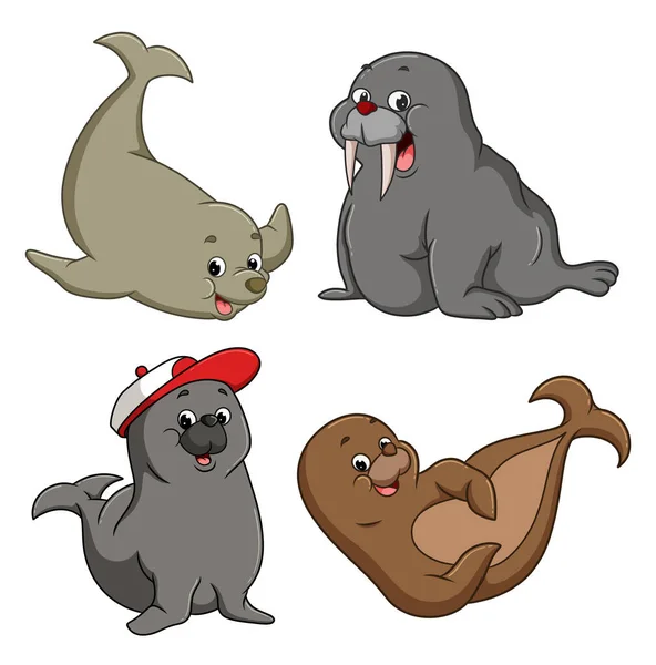 Group Seals Smiling Happy Playful Illustration — Wektor stockowy