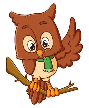 Mutlu baykuş dala tünemiş ve resimlerin kanadını sallıyor.