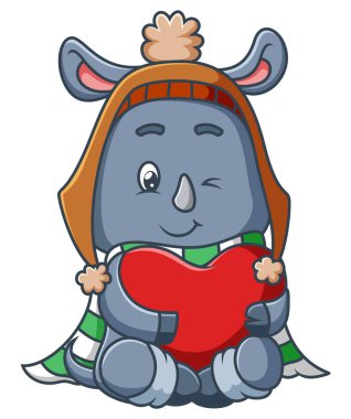 Tatlı gergedan, illüstrasyonun kış mevsiminde bir kalp tutuyor.