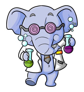 Bilim adamı fil, beher bardağını tutuyor.