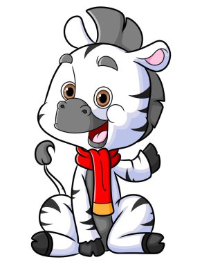 Mutlu zebra oturuyor ve bir şeyler gösteriyor.