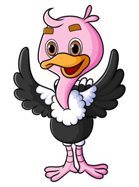 Şirin devekuşu kanatlarını açıyor ve resimlerin mutlu yüzünü gösteriyor.