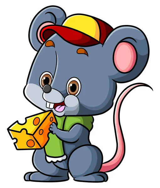 Die Kleine Maus Trägt Mütze Und Schal Während Sie Käse — Stockvektor