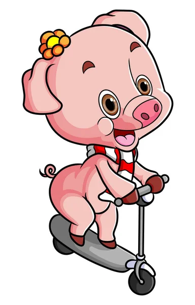 Little Pig Playing Scooter While Wearing Scarf Illustration — Stock Vector