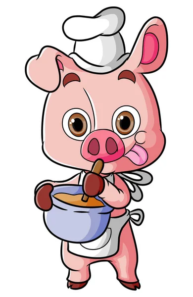 Cerdo Cocinero Está Haciendo Una Deliciosa Comida Usando Delantal Ilustración — Archivo Imágenes Vectoriales