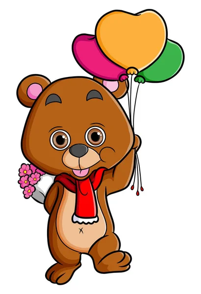 Lindo Urso Está Segurando Balões Flor Ilustração —  Vetores de Stock