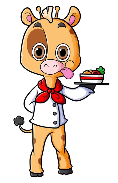 Jirafa Chef Está Sirviendo Deliciosa Comida Plato Ilustración — Vector de stock