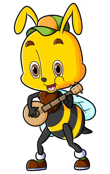 幸せ蜂は歌い イラストのバンジョーを演奏しています — ストックベクタ