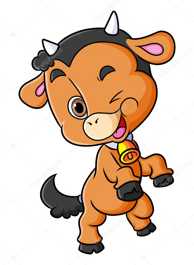 The little cow is jumping and winking the eyes of illustration