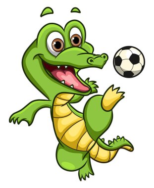 Mutlu timsah futbol oynuyor ve resimli topa vuruyor.