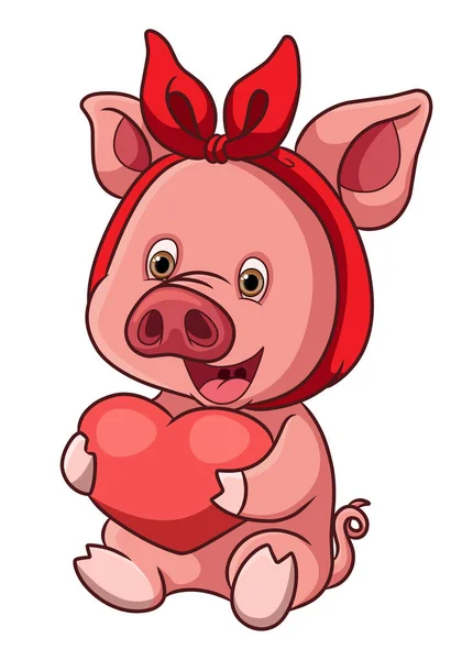 Happy Pig Red Ribbon Holding Love Illustration — Stock Vector