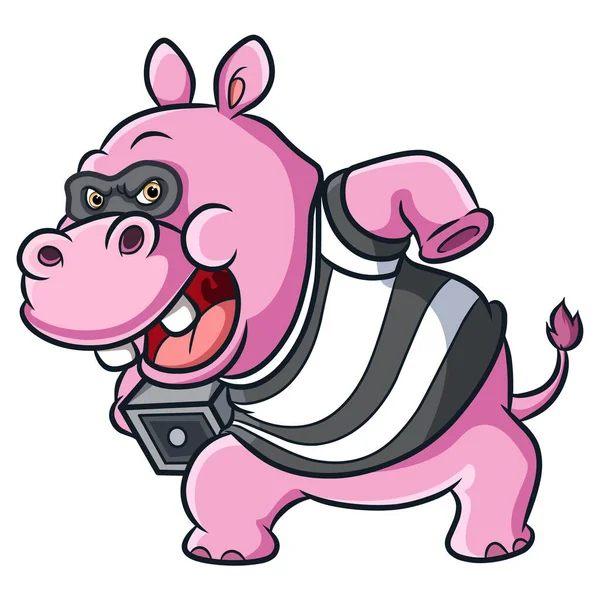 Robber Hippopotamus Stealing Safe Box Bank Illustration — Stock Vector