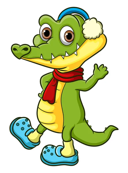 Crocodile Salue Agite Main Hiver Illustration — Image vectorielle