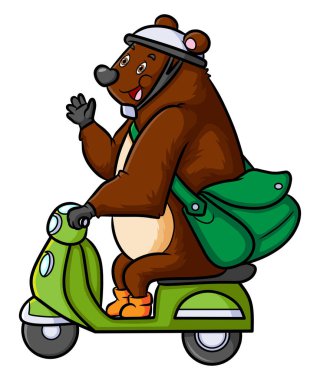 Ayı kuryesi paketi illüstrasyon motosikletiyle teslim ediyor.