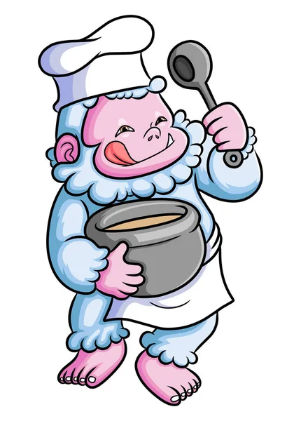 Lindo Chef Yeti Está Cocinando Una Sopa Jarra Grande Ilustración — Archivo Imágenes Vectoriales