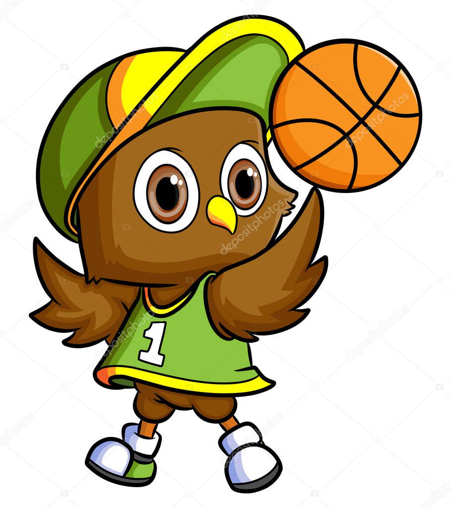 The happy owl is playing the basketball with the club of illustration