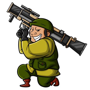 The happy army is shooting with the bazooka of illustration