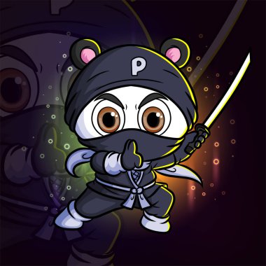 Ninja fare sessiz ve Katana Esport maskot tasarım logosunu elinde tutuyor.
