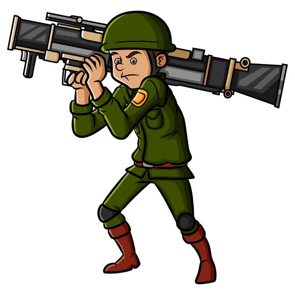 Soldier Holding Long Big Bazooka Illustration — Vetor de Stock