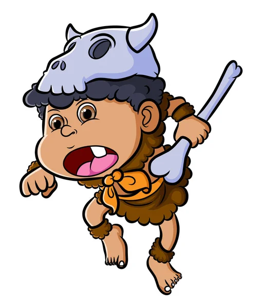 Shock Ancient Boy Wearing Bull Head Skull Illustration —  Vetores de Stock