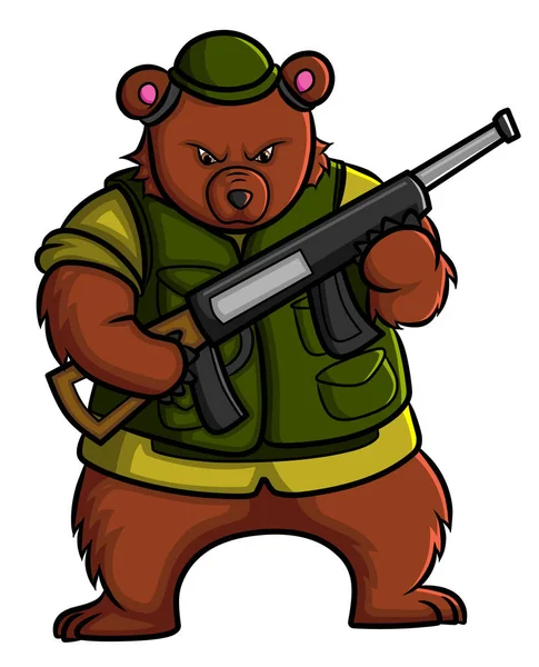 Strong Army Bear Holding Long Shotgun Illustration —  Vetores de Stock