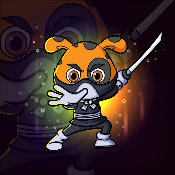 Ninja Pes Útok Katana Esport Maskot Design Logo Ilustrace — Stockový vektor