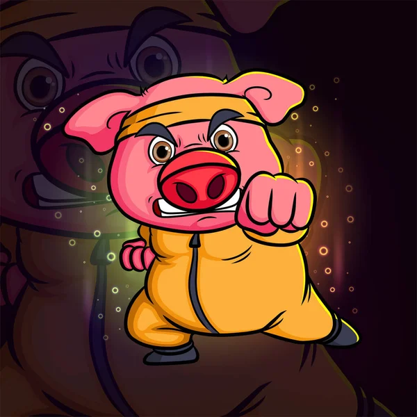 Pig Yellow Suit Punching Esport Mascot Design Logo Illustration — Διανυσματικό Αρχείο