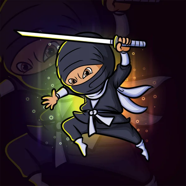 Ninja Skákání Útoky Katana Esport Maskot Design Logo Ilustrace — Stockový vektor