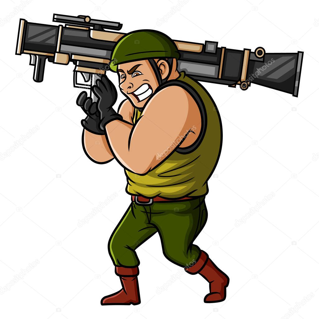 The soldier is shooting with the bazooka gun of illustration
