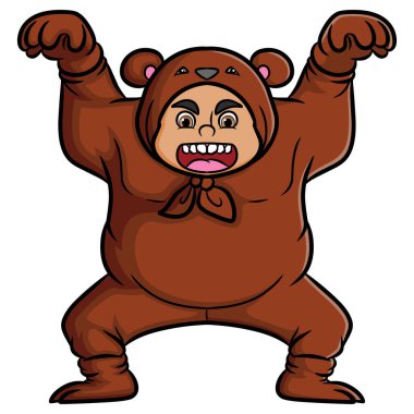 Ayı kostümlü korkunç adam resimdeki avını korkutmak için poz veriyor.