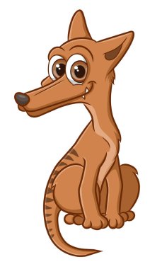 Tatlı Tazmanya oturuyor ve bir şeyler gösteriyor.