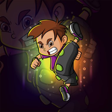 Güçlü çocuk çizimin süper güç esport maskot logosu tasarımında tekmeliyor.